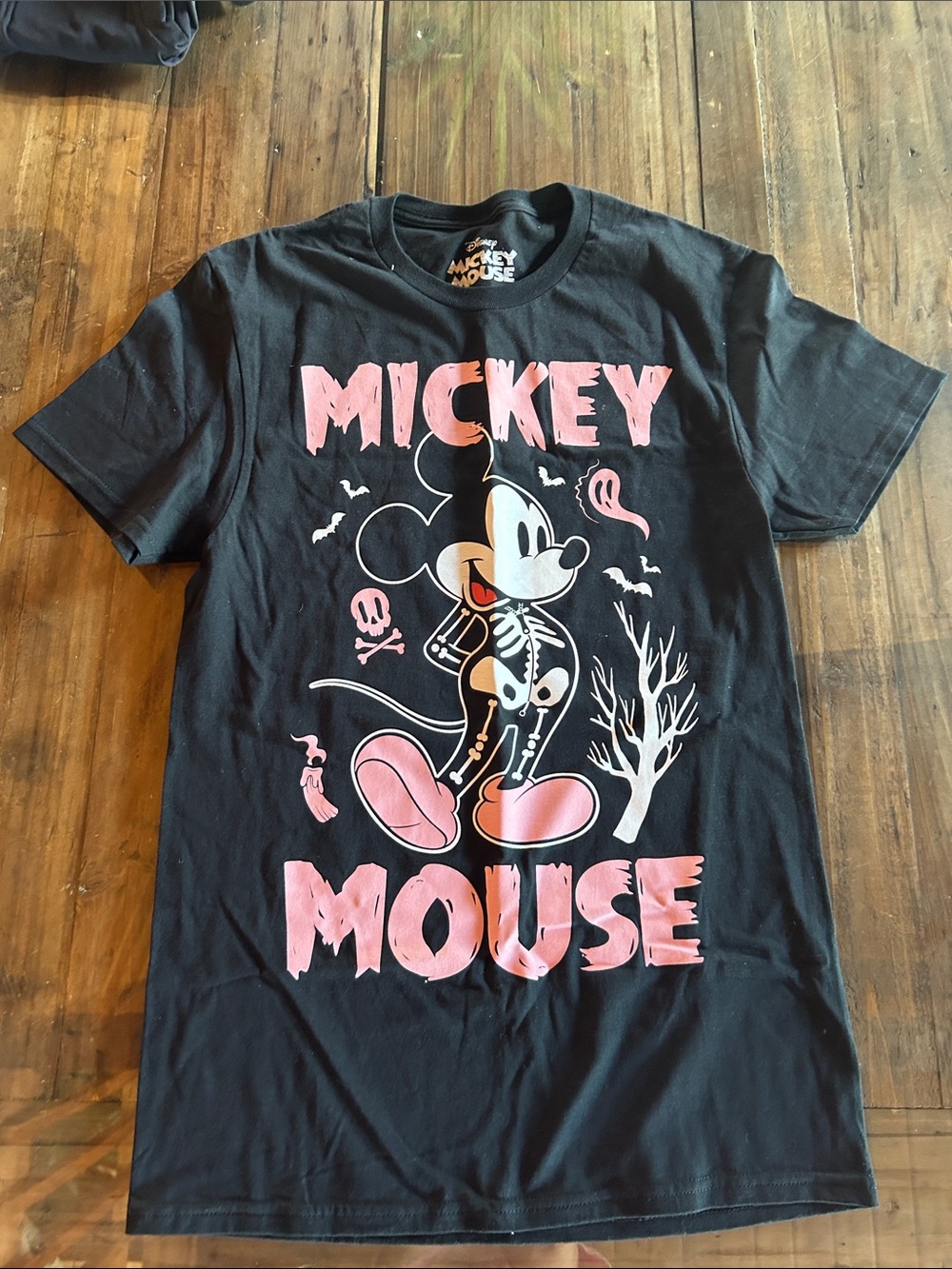 Disney Black Tee with Pink Mickey Skeleton Graphic